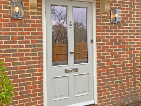 light grey window panel front door